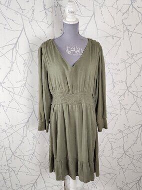 Mikarose Sage Green V-Neck Smocked Waist Peplum Midi Dress
